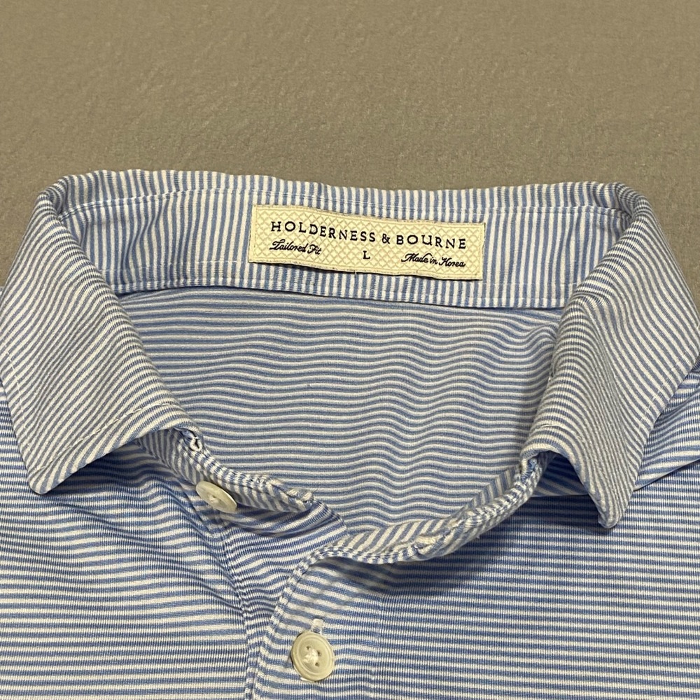 Holderness & Bourne Perkins Detroit Golf Club Polo Shirt Men L Blue White Stripe - Picture 2 of 9